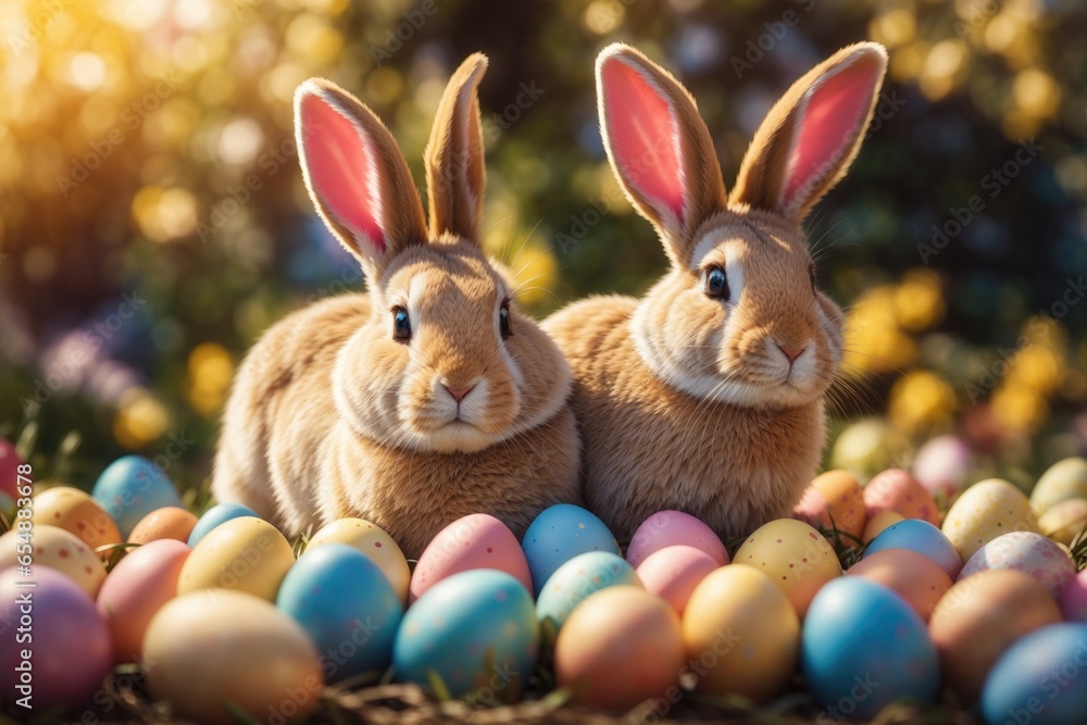 Aufkleber running happy easter bunny with eggs. ai generative