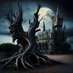 Dark gloomy album cover nineteen centuary gothic castle fantasy gnarly tree masterpiece gloomy sinister eerie and beautiful evil distribution color grading surreal photograph photorealistic 