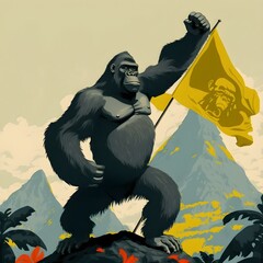 giant Gorilla waving a flag with bananas on top of a mountain 