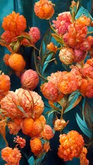 pink and orange peonies in a glass vase highly detailed photorealistic blue and green detailed background cinematic lighting unreal engine photo realism 3d 