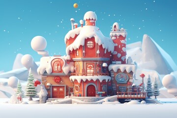 Santa Claus house in the snow. 3D illustration style. Christmas background. Generative Ai