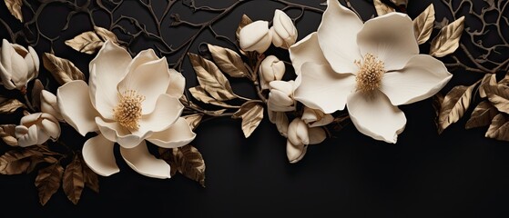 Exquisite magnolias and golden eucalyptus set against a background of black lace, emphasizing shades of pure white, gold, and jet black. Jewel design background. Fashion event. 