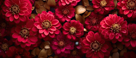 Sophisticated zinnias and ruby-edged petals sprawled on a gold damask fabric, with hues of hot pink, ruby red, and metallic gold. - obrazy, fototapety, plakaty