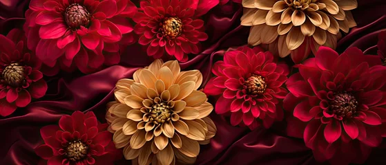 Poster Sophisticated zinnias and ruby-edged petals sprawled on a gold damask fabric, with hues of hot pink, ruby red, and metallic gold. © Dannchez