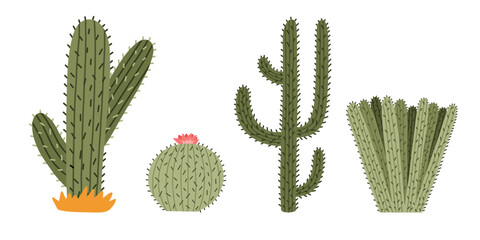 Set of cute hand drawn saguaro cactus from Mexico or Wild West desert. Vector simple cacti flower with thorns in cartoon style. Mexican spiny exotic plant isolated on white background.