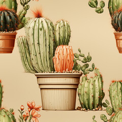 Seamless pattern of Drawn different cacti in vintage style.