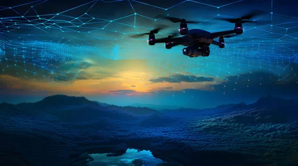 Fotobehang A silhouetted drone hovering over a digital landscape with undulating data waves beneath, symbolizing surveillance technology © Harun