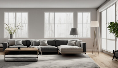 Modern interior, Scandinavian design living room. Sunny apartment with plaster and wood. 3d render illustration.