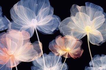 Beautiful cosmos flowers isolated on black background. Floral background. Generative Ai