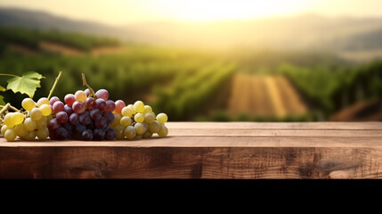 Fresh red and green grapes on wooden table with blurred vineyard on the background, space for...