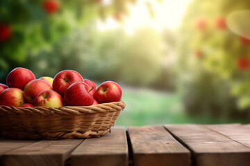 Fresh red apples in basket on wooden table and blurred apple farm background. - Powered by Adobe