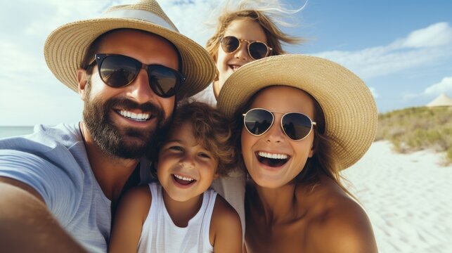 Happy family selfie spending good time at the beach together. Vacation time.