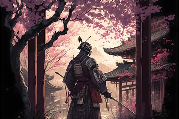 Samurai in a japanese courtyard under cherry trees sakura in the air beautiful japanese samurai era illustration 