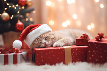 Cute ginger cat with santa hat sleeping on gift box near Christmas tree with light bokeh...