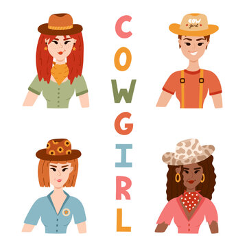 Hand drawn set with young cowgirl wearing hat, bandana, t-shirt and star earrings. Cute portrait of cow girl or Wild west theme. Vector western female character for print design, poster, cowboy party.