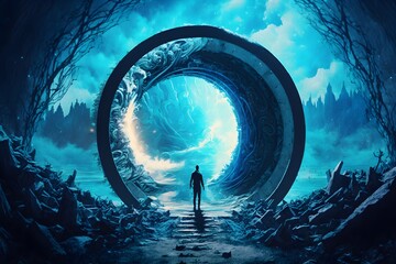 Fantastic blue portal revolving tunnel floating in midair Outside the tunnel is a citystate scene in the style of science fiction movies No text no watermark 32K science fiction movie Widescreen 