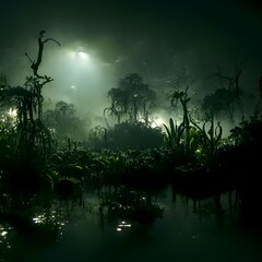Alien swamp jungle at night atmospheric epic legendary ominous dark fantasy realistic 3d render ar 169 
