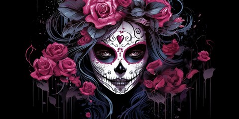 AI Generated. AI Generative. Muertos Mexican latin day of the dead holiday carnival woman make up sugar skull face. Beautiful woman with halloween