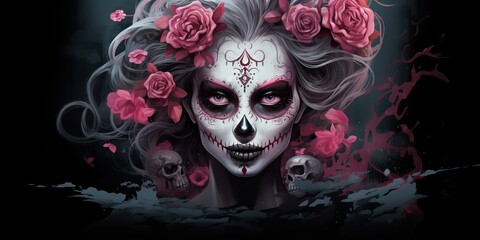 AI Generated. AI Generative. Muertos Mexican latin day of the dead holiday carnival woman make up sugar skull pretty girl