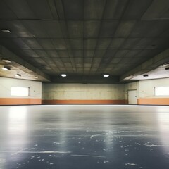 Empty indoor space, worn floor, high ceiling, fluorescent lights, large windows, industrial feel, expansive, unoccupied.