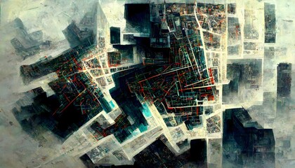 hidden algorithm of a city regarding all of its complexity aerial map view layers superposition urban paradigms shifts 12k 