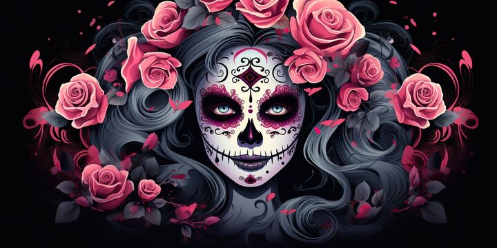 AI Generated. AI Generative. Muertos Mexican latin day of the dead holiday carnival woman make up sugar skull pretty girl