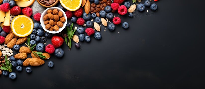 Top view of seasonal natural organic breakfast ingredients nuts oatmeal honey berries fruits like blueberry orange and pomegranate seeds almonds and walnuts with copyspace for text