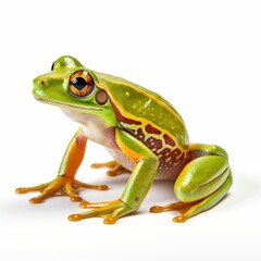 Naklejka premium Bright green tree frog. Glossy eyes. Yellow feet. Cream-colored belly. Alert posture. Clean white background.
