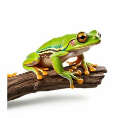 Obraz premium Bright green tree frog. Glossy eyes. Yellow feet. Cream-colored belly. Alert posture. Clean white background.