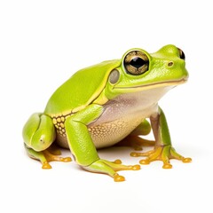 Bright green tree frog. Glossy eyes. Yellow feet. Cream-colored belly. Alert posture. Clean white background.