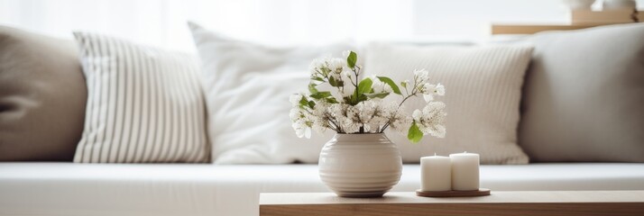 home interior design element close up freshness flower vase on coffee table in living room with background of white colour sofa and pillow daylight cosy comfort home interior background - obrazy, fototapety, plakaty