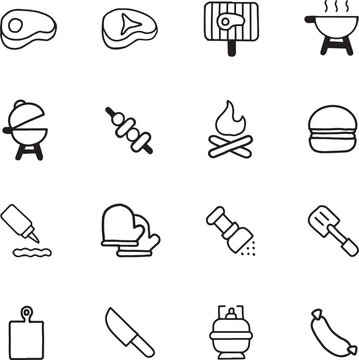 Food line icon set - meat, hot dog, burger, sausage on fork, fried chiken leg, french, dim sum, chinese chicken, calsone, sausages, steak, ham, ribs, kebab, roasted, sowbelly, meatballs, bbq 