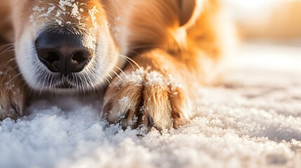 Close up of a Dog Paw dusted with Snow. Blurred Background - obrazy, fototapety, plakaty