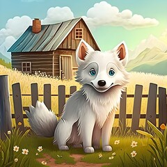 little cute Wolf background farm Yard illustration Kidsbook 