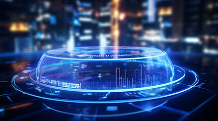 A futuristic technology interface displaying holographic data under neon lights