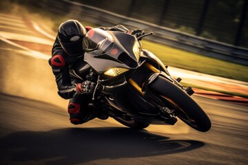 Dynamic photo captures the intense moment of a motorbike tire skidding across a race track. The image embodies speed, adrenaline, and the thrill of competitive racing. - obrazy, fototapety, plakaty