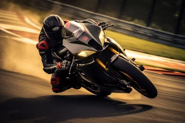 Fotobehang Dynamic photo captures the intense moment of a motorbike tire skidding across a race track. The image embodies speed, adrenaline, and the thrill of competitive racing. © whozaini