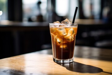 Captivating photo features a glass of iced tea, perfectly served at a shop during a sunny afternoon. The image captures the essence of refreshment and leisurely enjoyment.