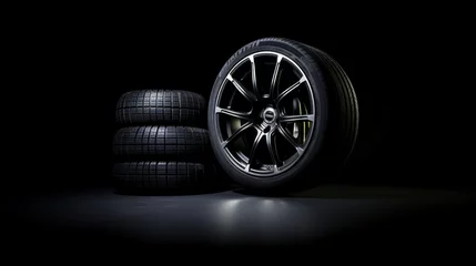 Fotobehang Striking image showcases a rim and tire against a dark studio background. The dramatic lighting accentuates the sleek design and intricate details, emphasizing its high-quality craftsmanship. © whozaini