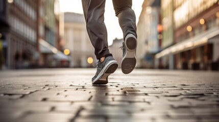 Dynamic photo zeroes in on a man's running shoe as he dashes through the city streets. The image...