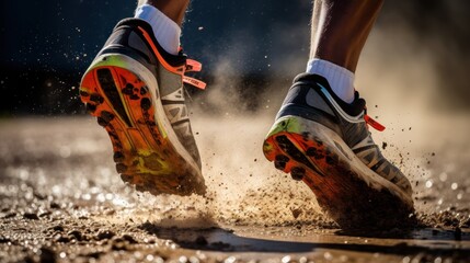 Captivating photo focuses on a runner's shoe as it steps on dust and dirt, kicking up particles in its wake. The image embodies the raw energy and grit of outdoor running.