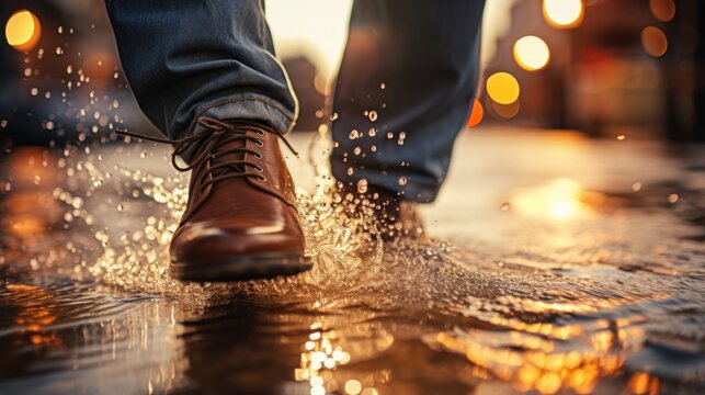 Close-up image captures the dynamic moment as a man's feet step into water, causing an energetic splash. The photo encapsulates the essence of movement and the refreshing feel of water.