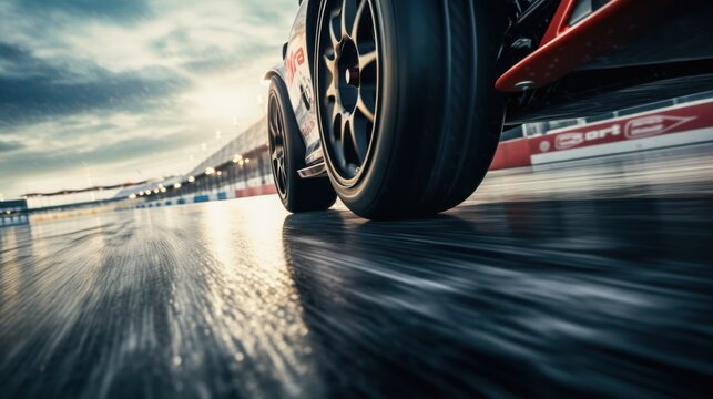 Captivating photo captures a rim and tire in full motion on a track, embodying the essence of speed and performance in competitive racing.