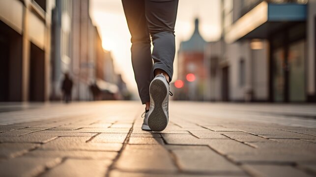 Dynamic photo zeroes in on a man's running shoe as he dashes through the city streets. The image captures the essence of speed, urban life, and athletic determination.