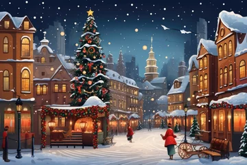 Fotobehang Illustration of a winter street with houses and christmas tree. Generative Ai © vassileva_t