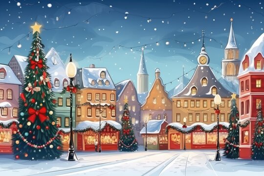 Cartoon winter street with Christmas trees and houses. Illustration for your design. Generative Ai