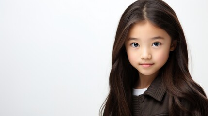 photo portrait of a beautiful young asian American model teen girl looking forward. child ad with copy space, cute, kids, children, beauty, pretty