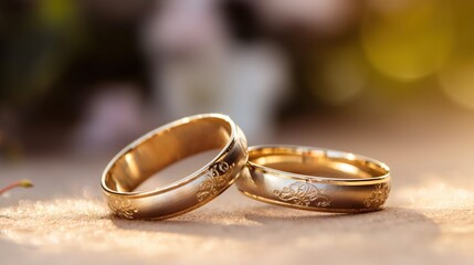 two gold wedding rings symbolizing love and romance - obrazy, fototapety, plakaty