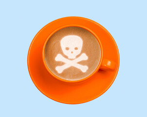Orange cup of coffee with skull and bones made from milk foam top view on blue background.