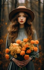 A beautiful woman stands outdoors in the autumn air, wearing a dress and a hat adorned with roses, her hands holding a bouquet of flowers that bring life and joy to her portrait